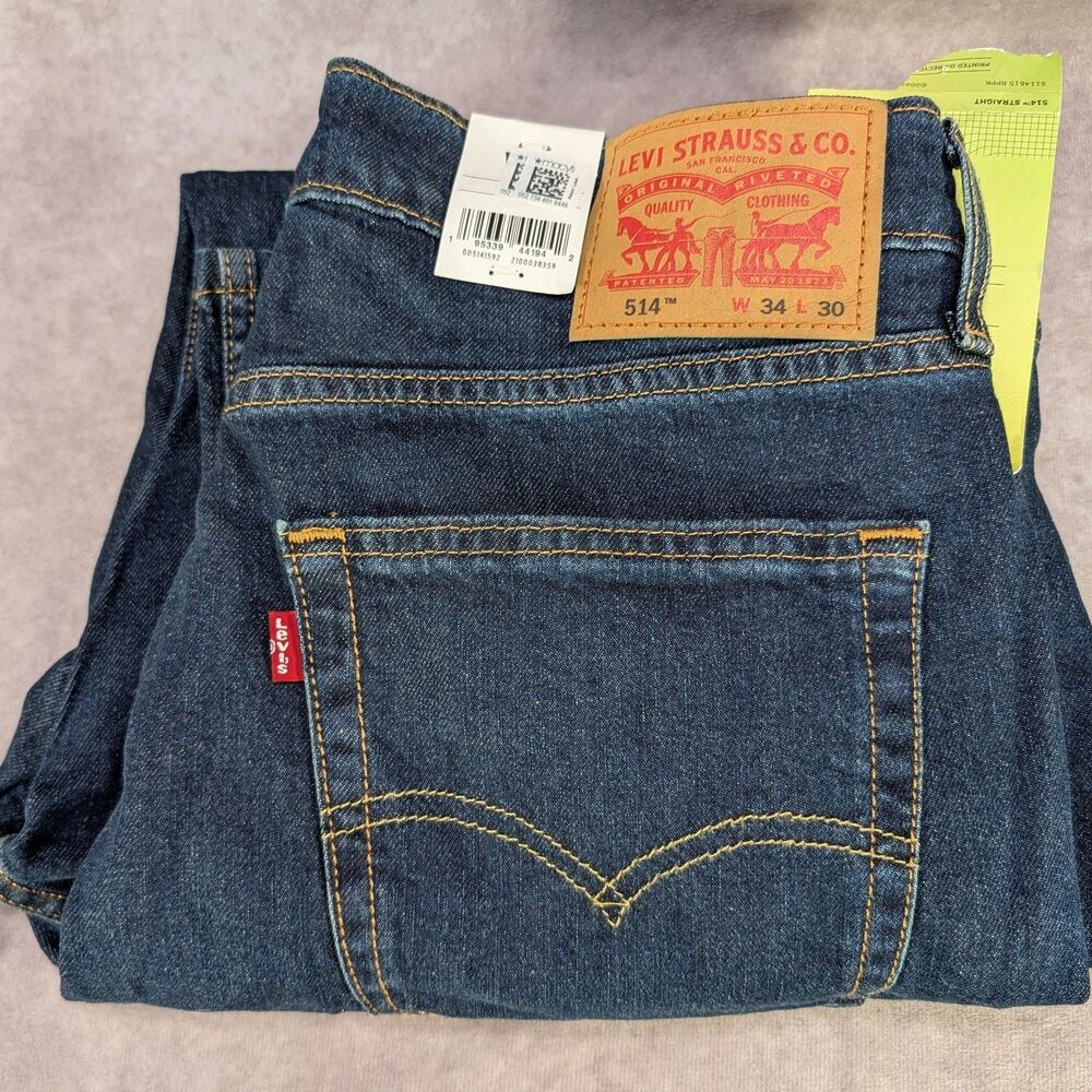 NWT Levi's 514 Straight Fit Jeans Mens 34x30 Dark Wash Blue Flex Stretch Denim